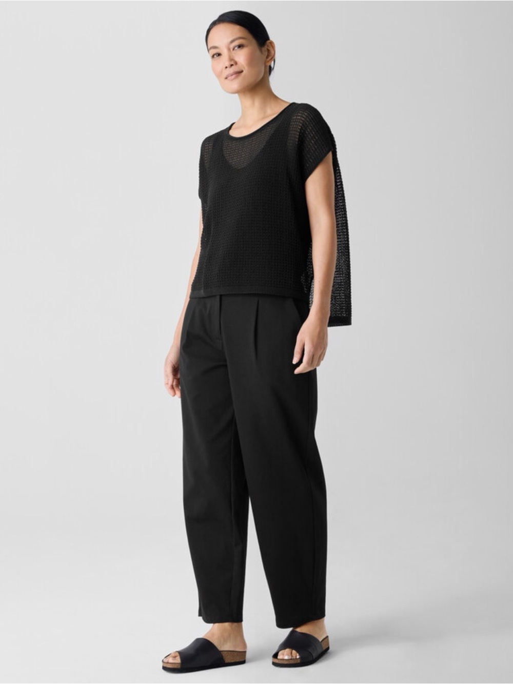 Eileen Fisher Organic Cotton Cord Jewel neck sheen knit sweater short sleeve top - Picture 2 of 6